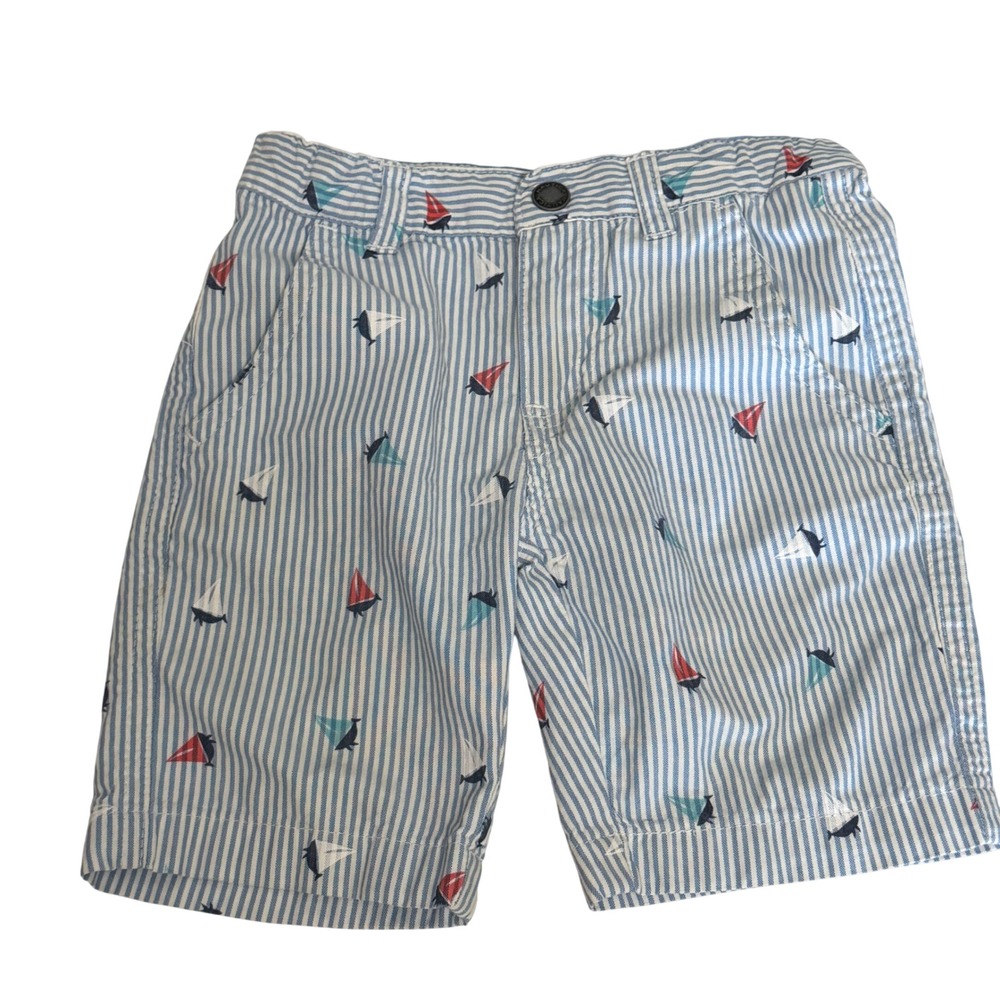 Nautica Boys 3T Blue White Striped Sailboat Print Chino‎ Shorts Adjustable Waist